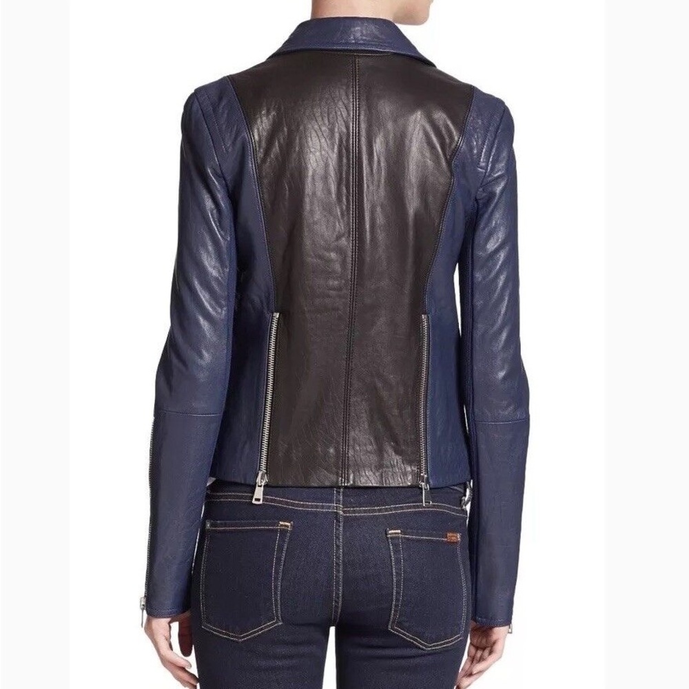 VINCE Lambskin Leather Zip Colorblock Moto Jacket